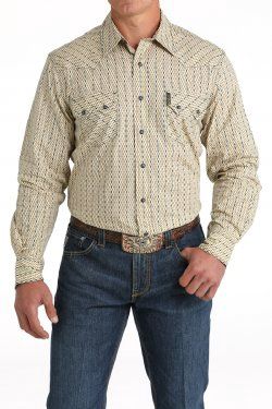 Men&#39;s Modern Fit Vintage Stripe Snap Front Western Shirt - Cream