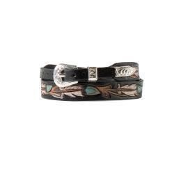 Hatband Hand Tooled Painted Feathers BK