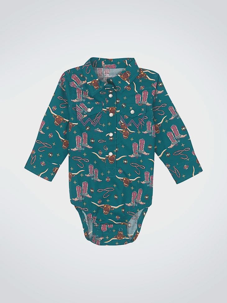 Baby Girl&#39;s Long Sleeve Allover Print Western Snap Bodysuit in Green