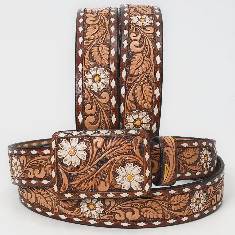 Genuine American Leather Belt Men and Women White Buckstitch Flower