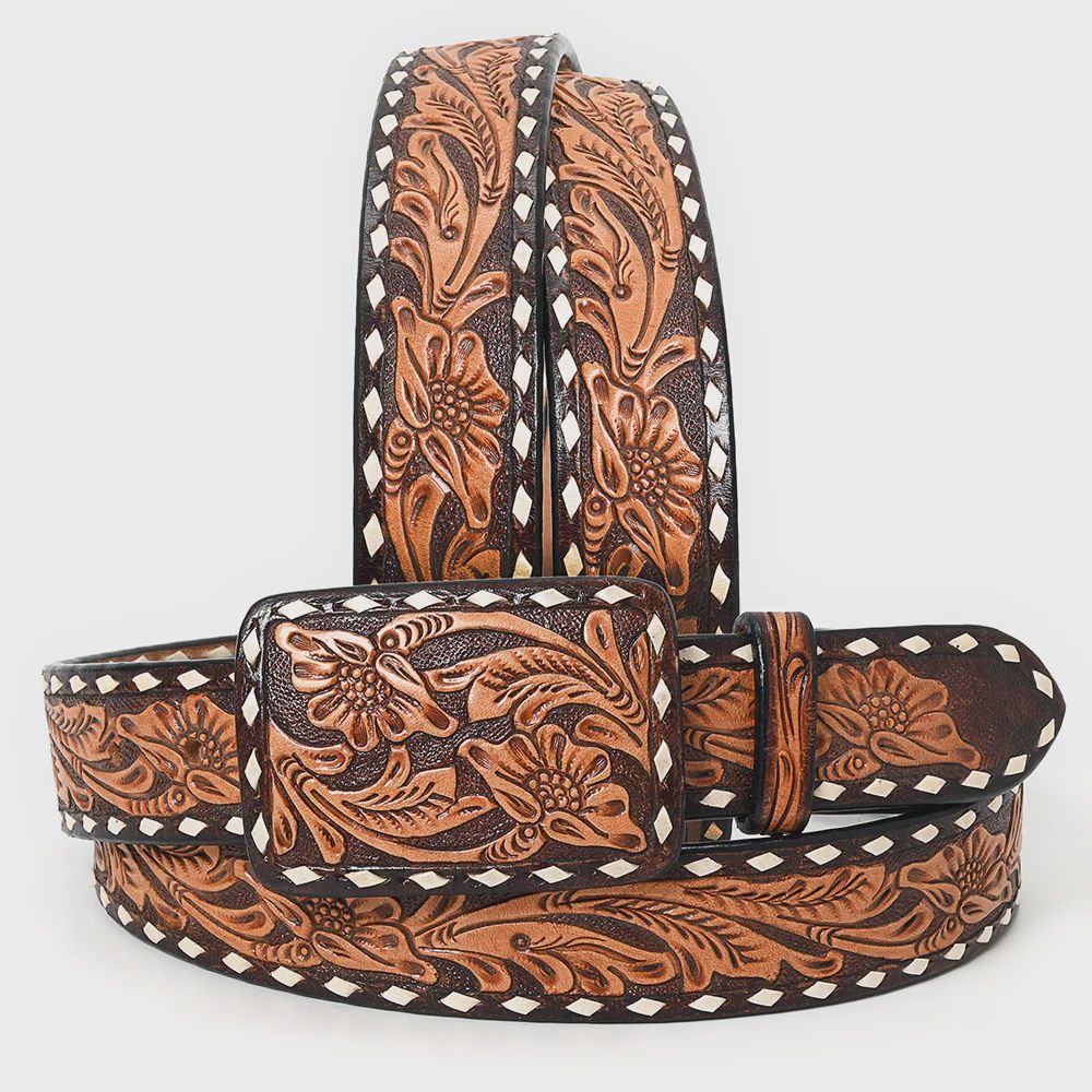 Genuine American Leather Belt Men and Women Floral Buckstitch
