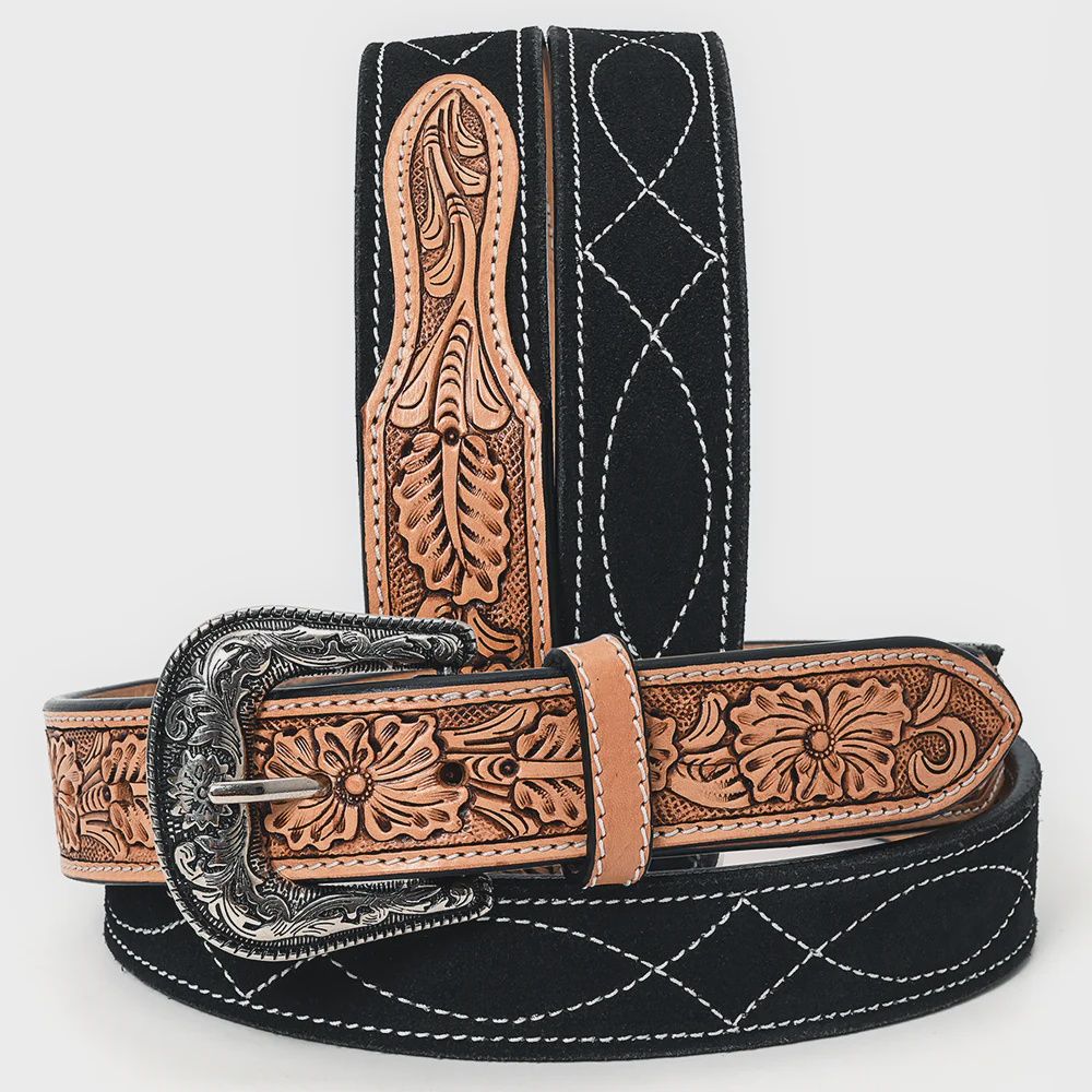 Beautifully Hand Tooled Genuine American Suede Leather Belt Men and Women