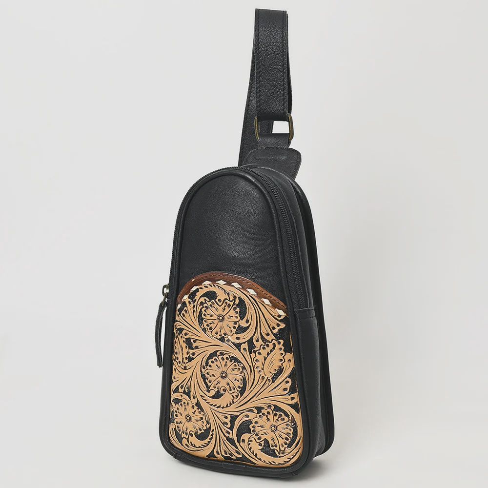 Sling Hand Tooled Genuine Western Leather Women Bag Black