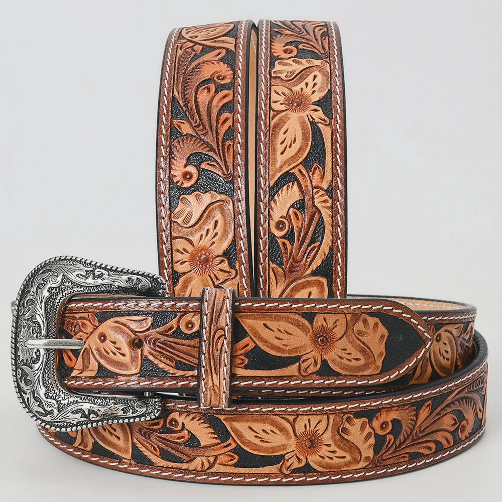 Genuine American Leather Belt Men and Women Floral Black Inlay