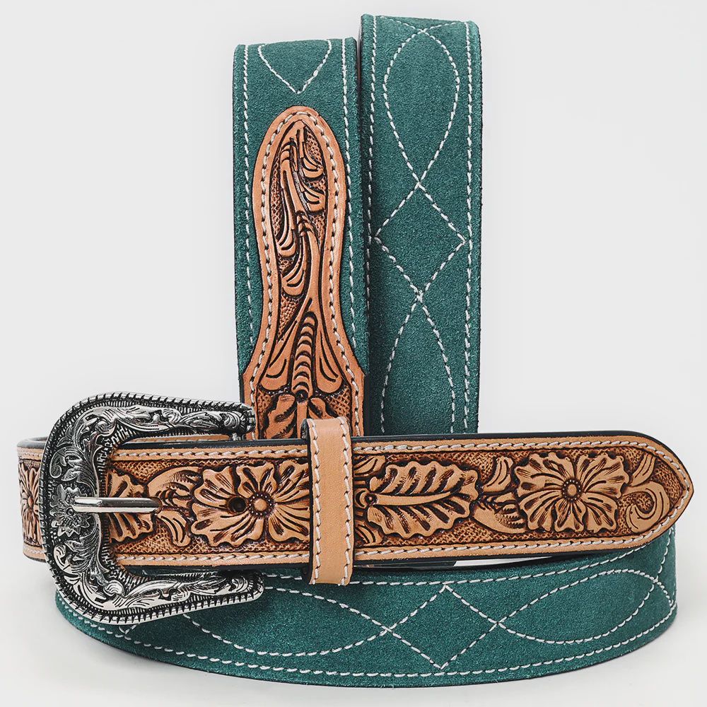 Beautifully Hand Tooled Genuine American Suede Leather Belt Men and Women Teal