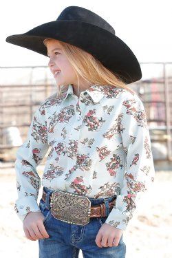 Cruel Girls Cowgirl Western Print Snap Front Western Shirt - Light Blue