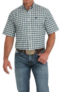 Men's Short Sleeve Plaid Button-Down Western Shirt - Cream