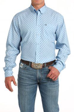 Men&#39;s Diamond Print Button Down Western Shirt - Light Blue