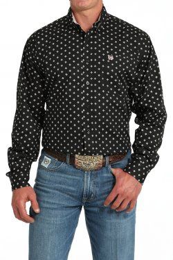 Men&#39;s Geometric Print Button-Down Western Shirt -Black