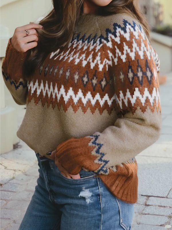 Western Print Crew Neck Sweater