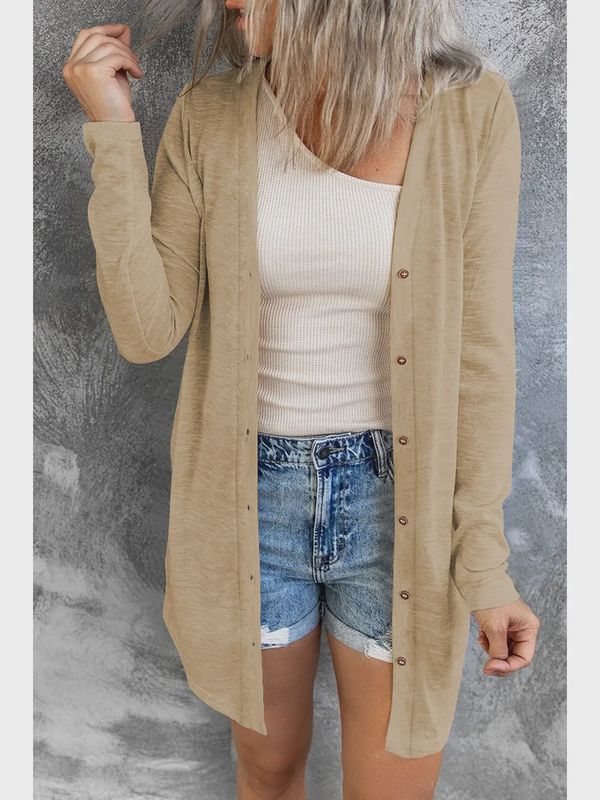 Brown Open-Front Buttons Cardigan