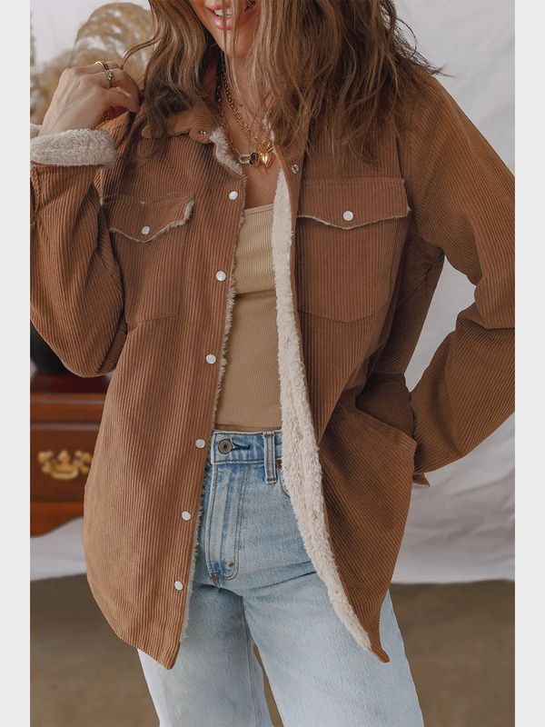 Fleece Lined Buttoned Flap Pockets Corduroy Jacket