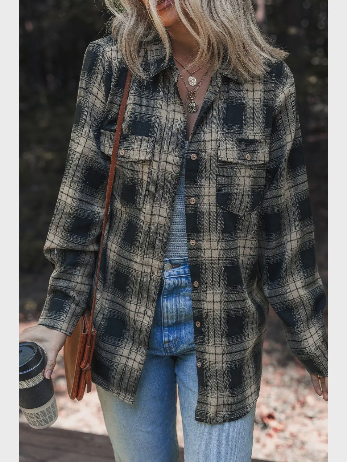 Retro Plaid Double Flap Pocket Button Down Shacket