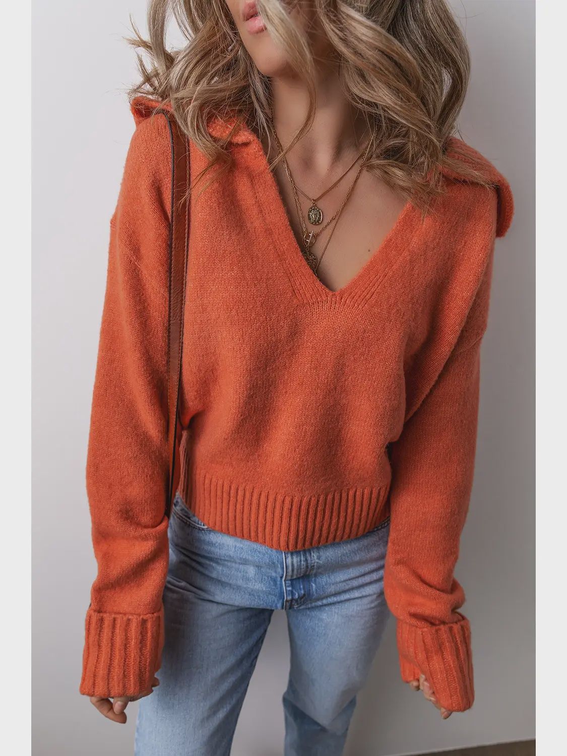 Collared V Neck Ribbed Edge Elegant Flamingo Sweater