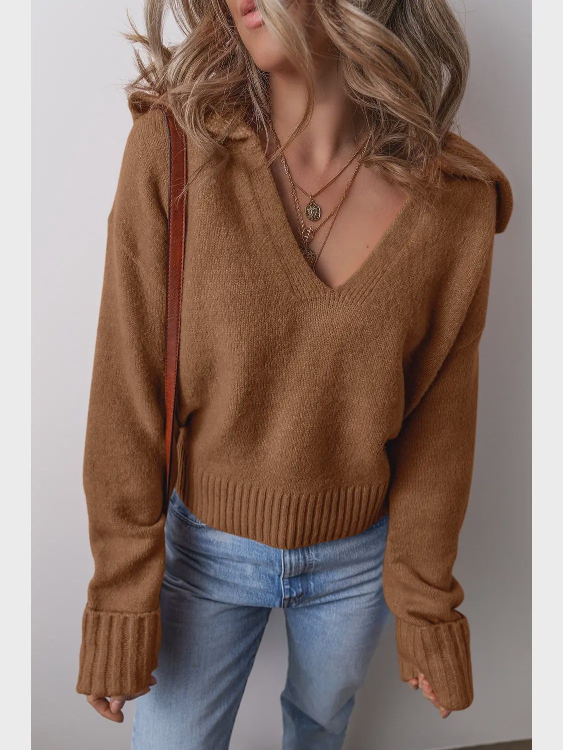Collared V Neck Ribbed Edge Elegant Chestnut Sweater