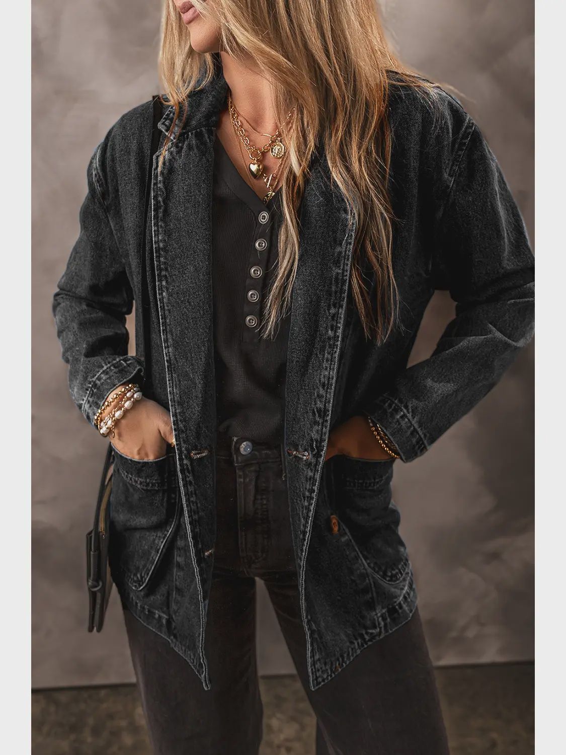 Side Pockets Lapel Collar Black Denim Jacket