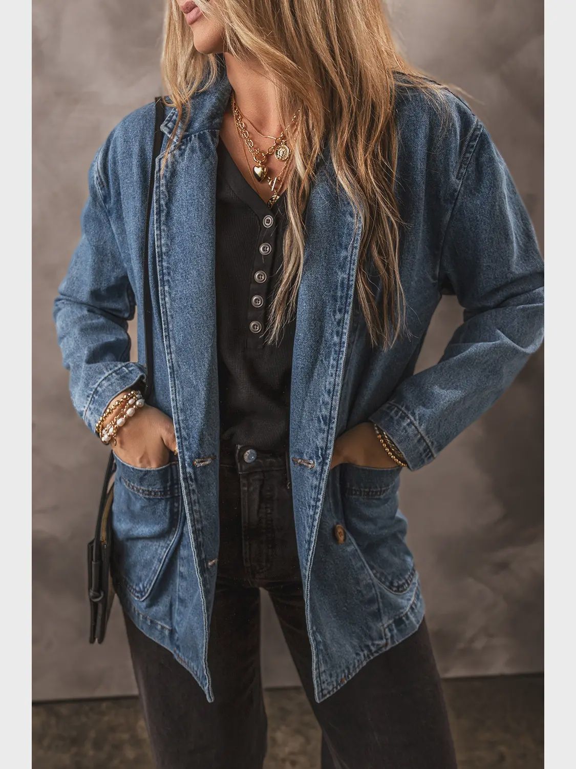 Side Pockets Lapel Collar Denim Jacket