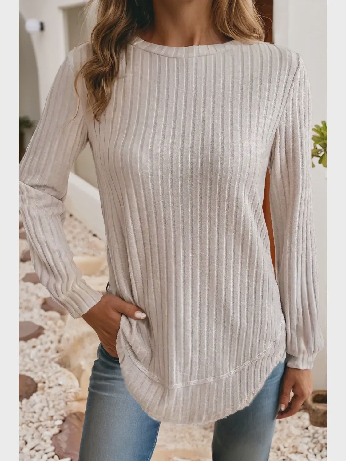 Texture Round Neck Long Sleeve Rounded Hem Knit Top