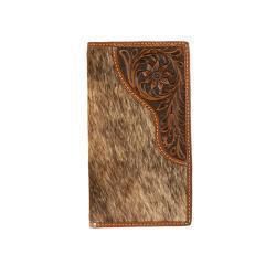 Mens Rodeo Style Wallet Calf Hair Tooled Tab Brown