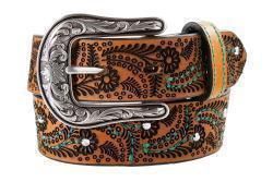 Nocona Girls Belt Turquoise Stitch Paisley Brown