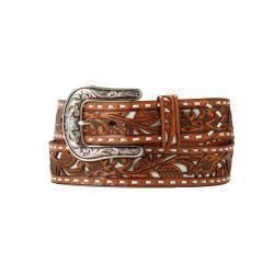 Nocona Ladies Belt 1 1/2&quot; Floral Filigree Glitter Underlay Tan