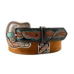 Nocona Ladies Belt 1 1/2&quot; Hand Tooled Feather Tabs Tan