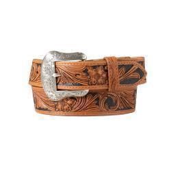 Nocona Mens Belt 1 1/2&quot; Hand Tooled Floral Black Inlay Tan