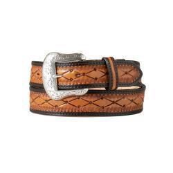 Nocona Mens Belt 1 1/2&quot; Hand Tooled Diamond 2-Tone Tan