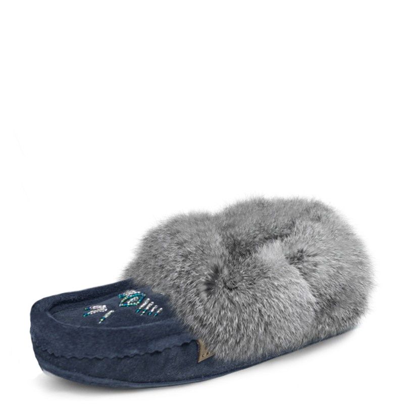 &quot;Slipper, Orlon, Beaded Slipper with Fur Trim and Padded sole&quot; Navy Blue