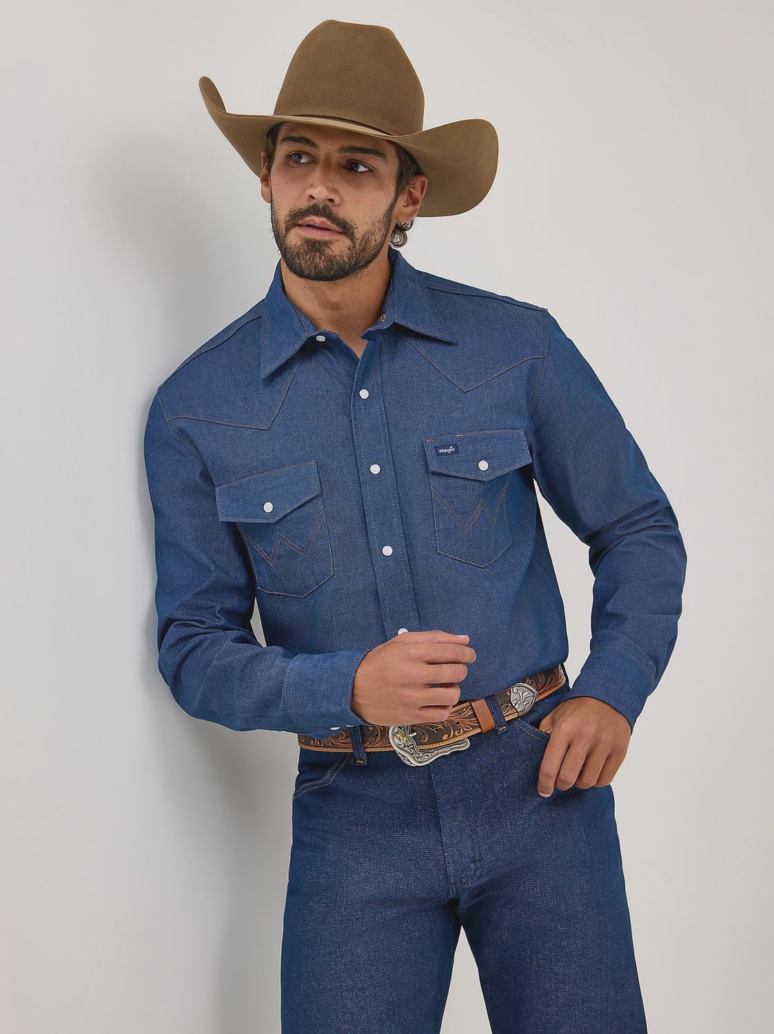 Wrangler Cowboy Cut Firm Finish Denim Western Snap Work Shirt- Indigo Denim