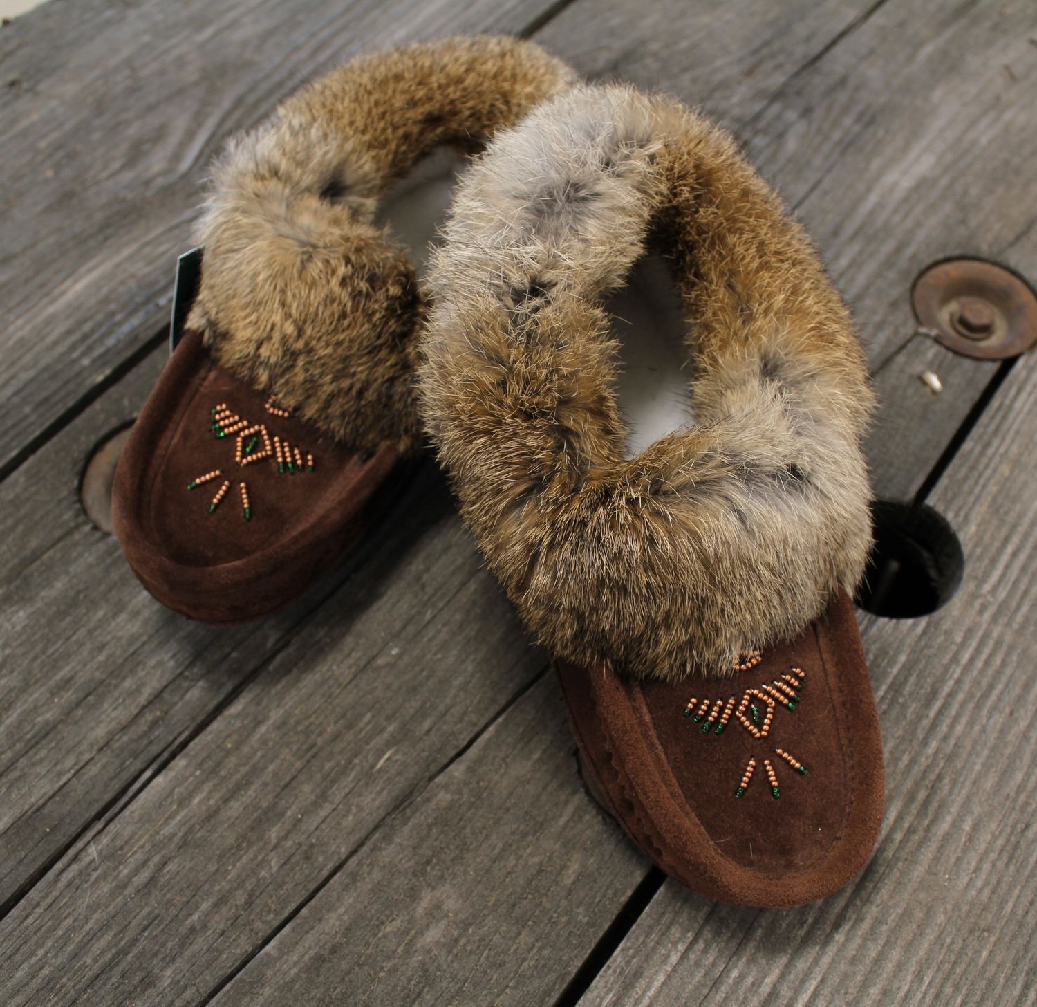 Laurentian Chief Ladies Slipper-Orlon- Beaded w/ Fur Trim and Padded sole- Chocolate