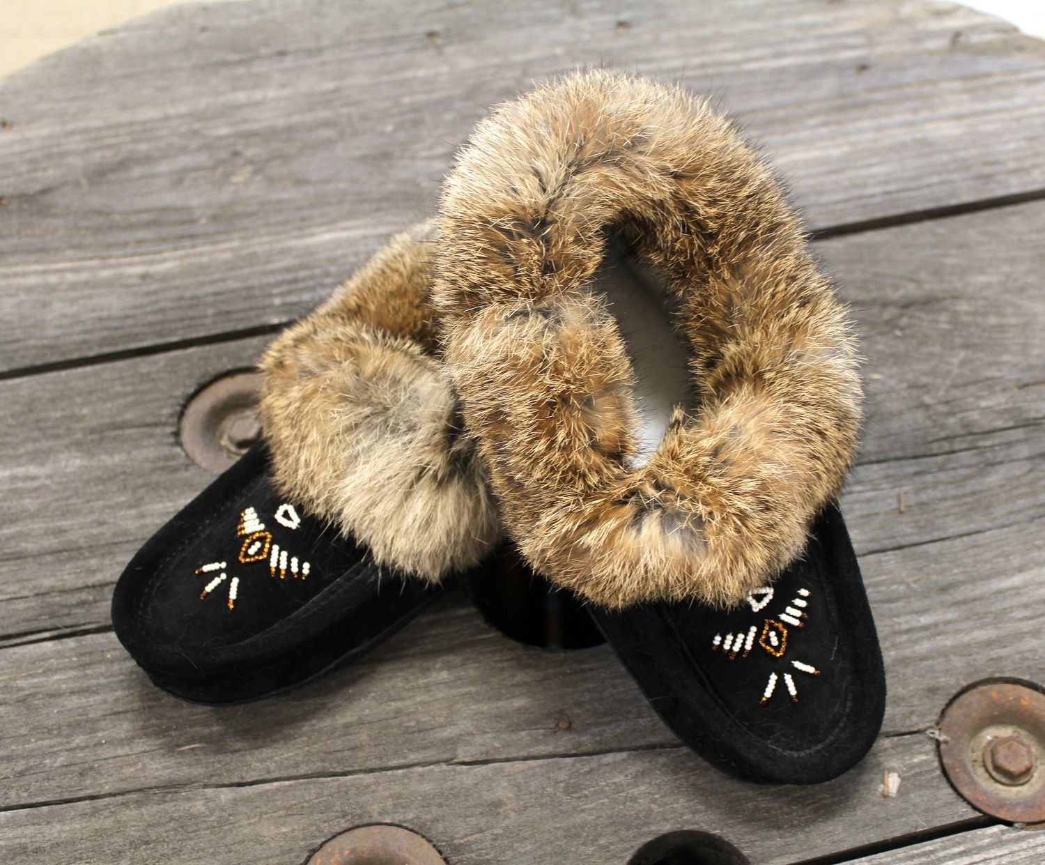 Laurentian Chief Ladies Slipper-Orlon- Beaded w/ Fur Trim and Padded sole- Black