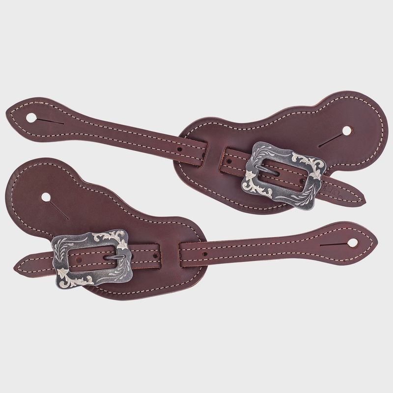 Buckaroo Oiled Canyon Rose Harness Leather Spur Straps, Buffed Brown Scalloped Buckle