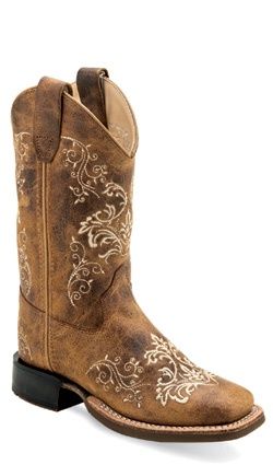 Old West Youth Burnt Tan Embroidered Square Toe Boot