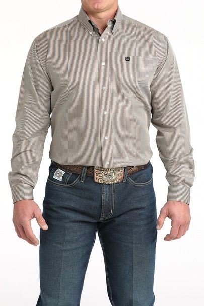 Cinch Men's Classic Fit Brown Twill Stripe Shirt
