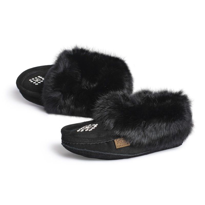 Laurentian Chief "Slipper, Orlon, Beaded Slipper with Fur Trim and Padded sole"