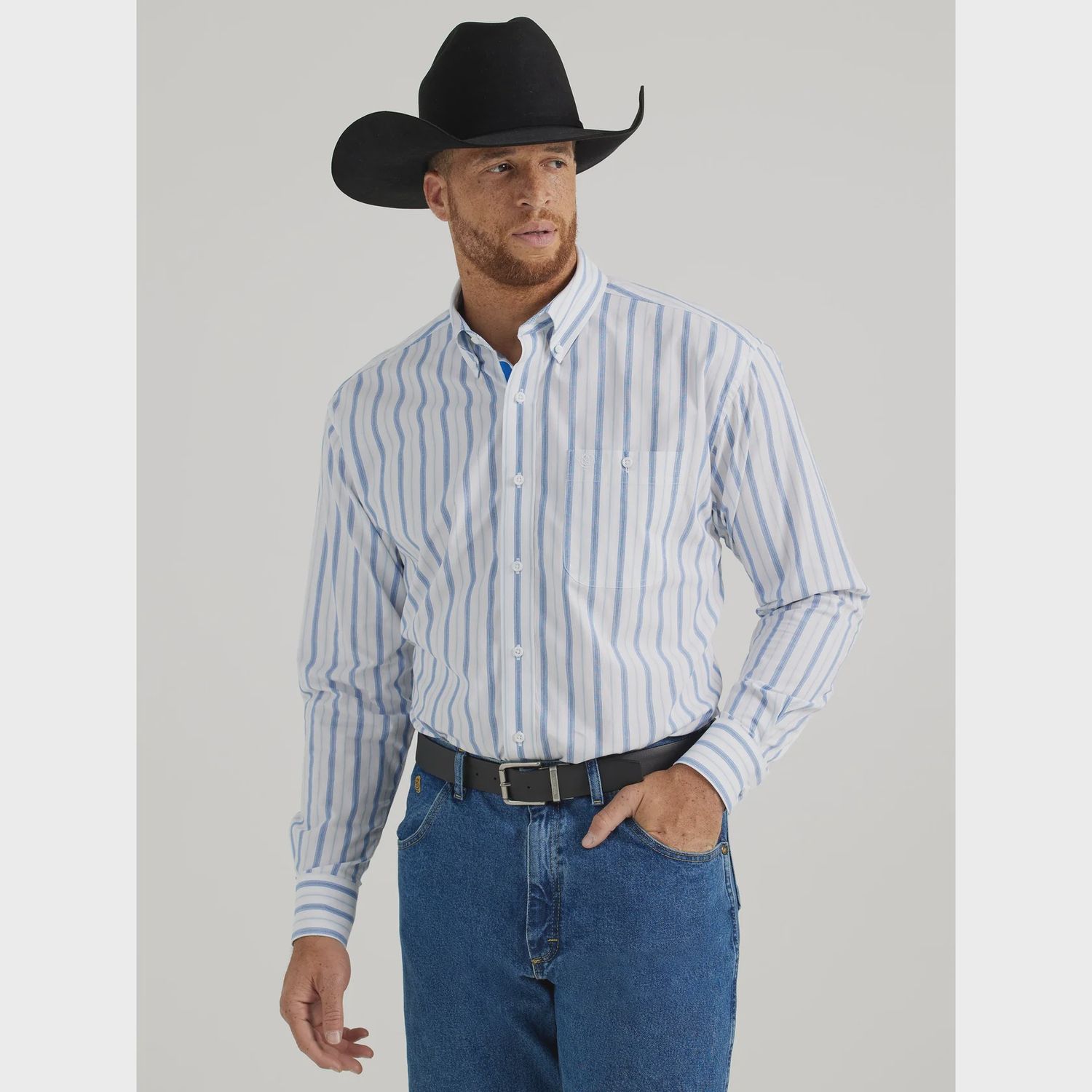 Wrangler George Strait Long Sleeve Button Down Shirt- Blue/White Stripes