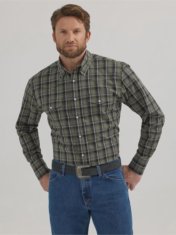 Wrangler Mens Plaid LS Shirt Green