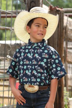 Boy's Short Sleeve Palm Tree Print Button-Down Arenaflex Shirt
