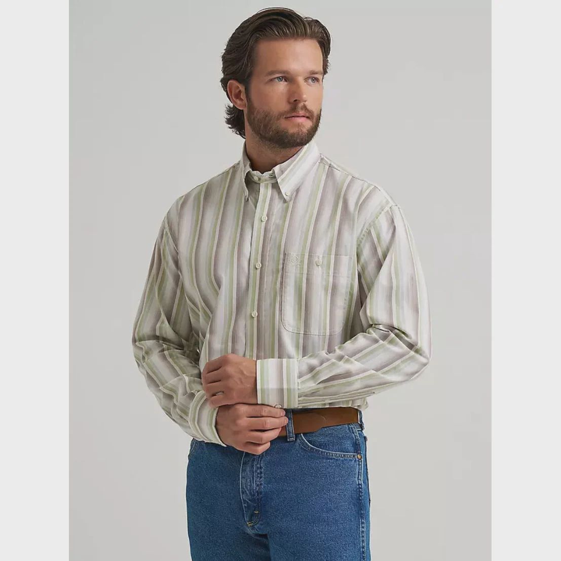 Wrangler® George Strait Collection One Pocket Long Sleeve Shirt - White/Walnut