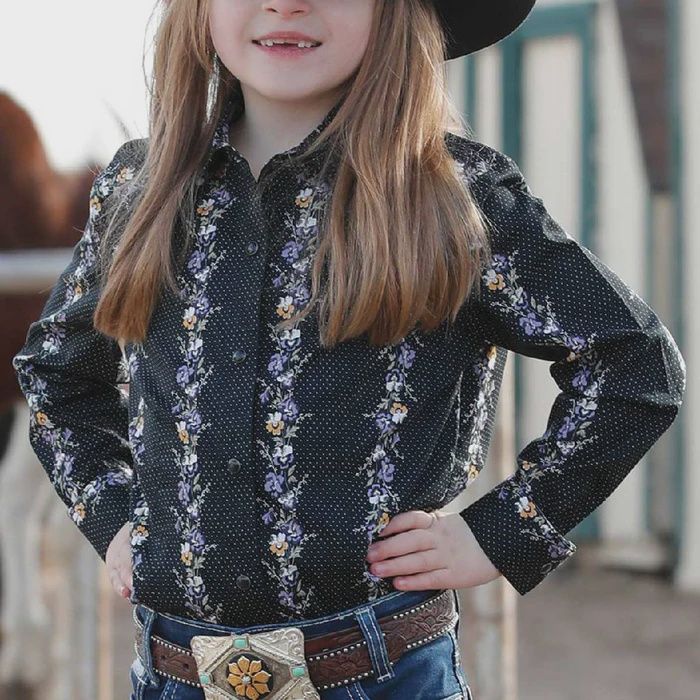 Cruel Denim Girl's Floral Black Pearl Snap Shirt