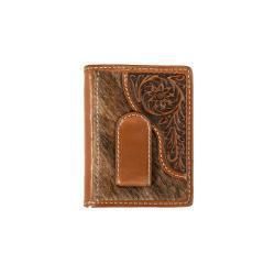 Nocona Mens Bifold Money Clip Style Wallet Calf Hair Tooled Tab Brown