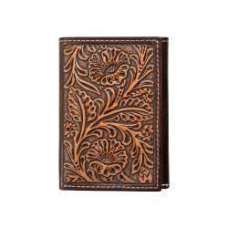 Nocona Mens Wallet Trifold Style Floral Embossing Brown