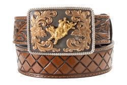 3D Boys Belt 1 1/4" Floral Tabs Bull Rider Buckle Brown