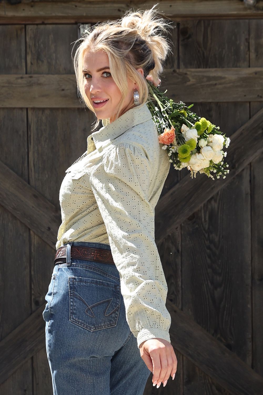 Cruel Denim Women's Long Sleeve Button Up - Green w/ Flowers