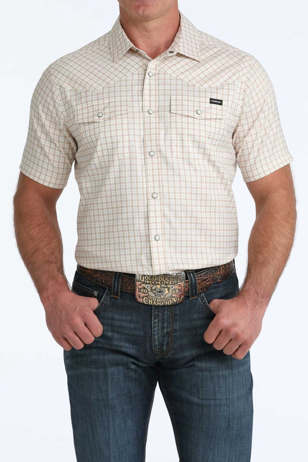 Cinch Men's Short Sleeve Camp Shirt - White/Beige Plaid