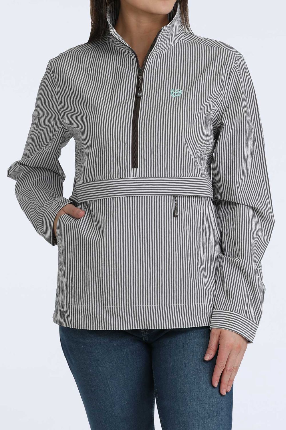 Cinch Women's 1/2 Zip Light Jacket - White/Brown Stripes