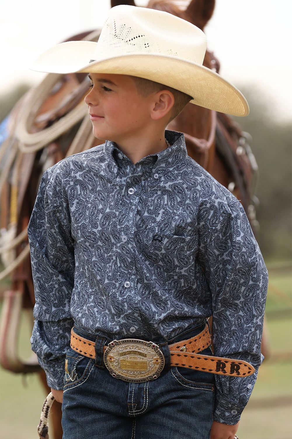 Cinch Boy's Arenaflex Long Sleeve Button Up - Blue Paisley