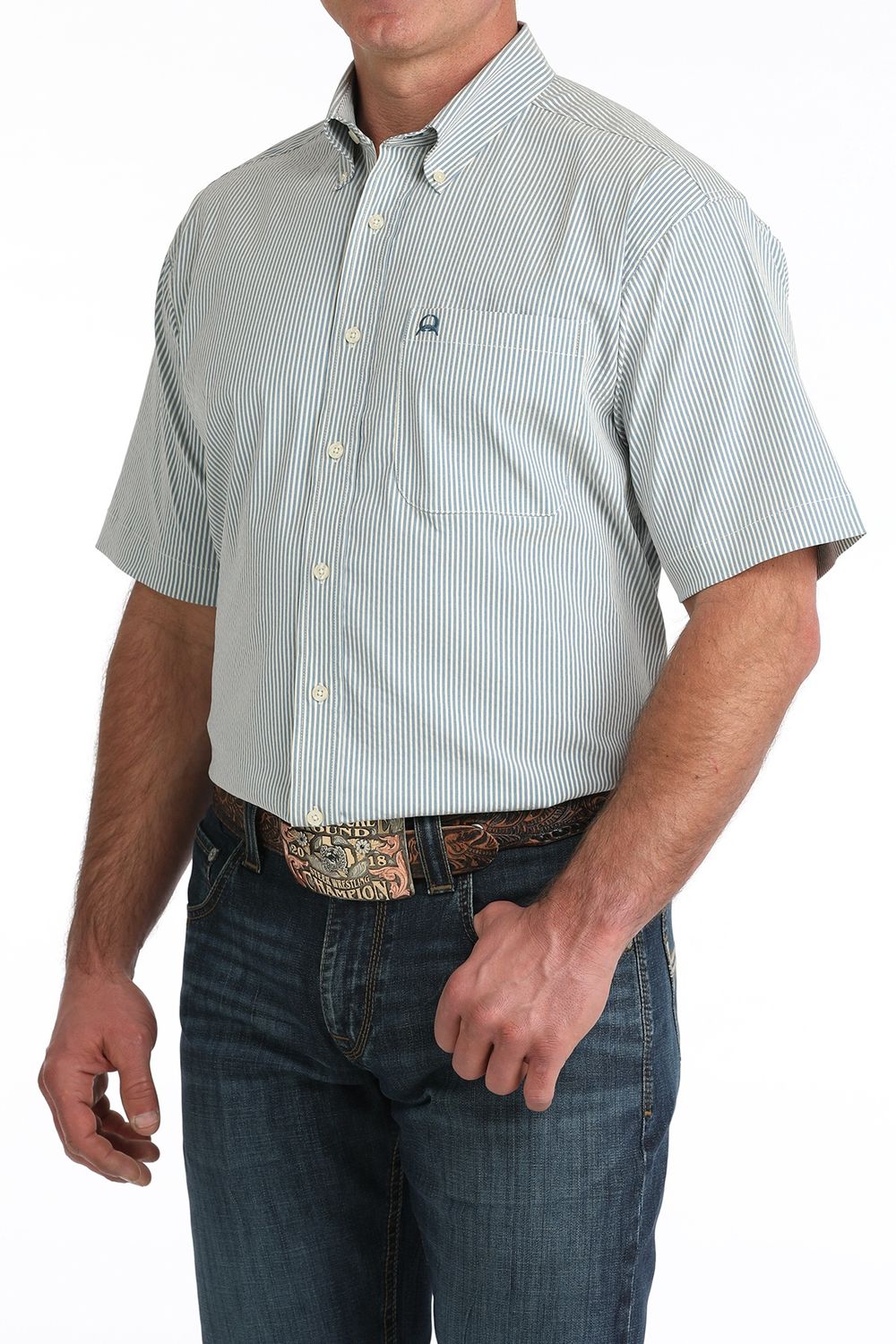 Cinch Men's ArenaFlex Short Sleeve Button Up - Blue Stripes