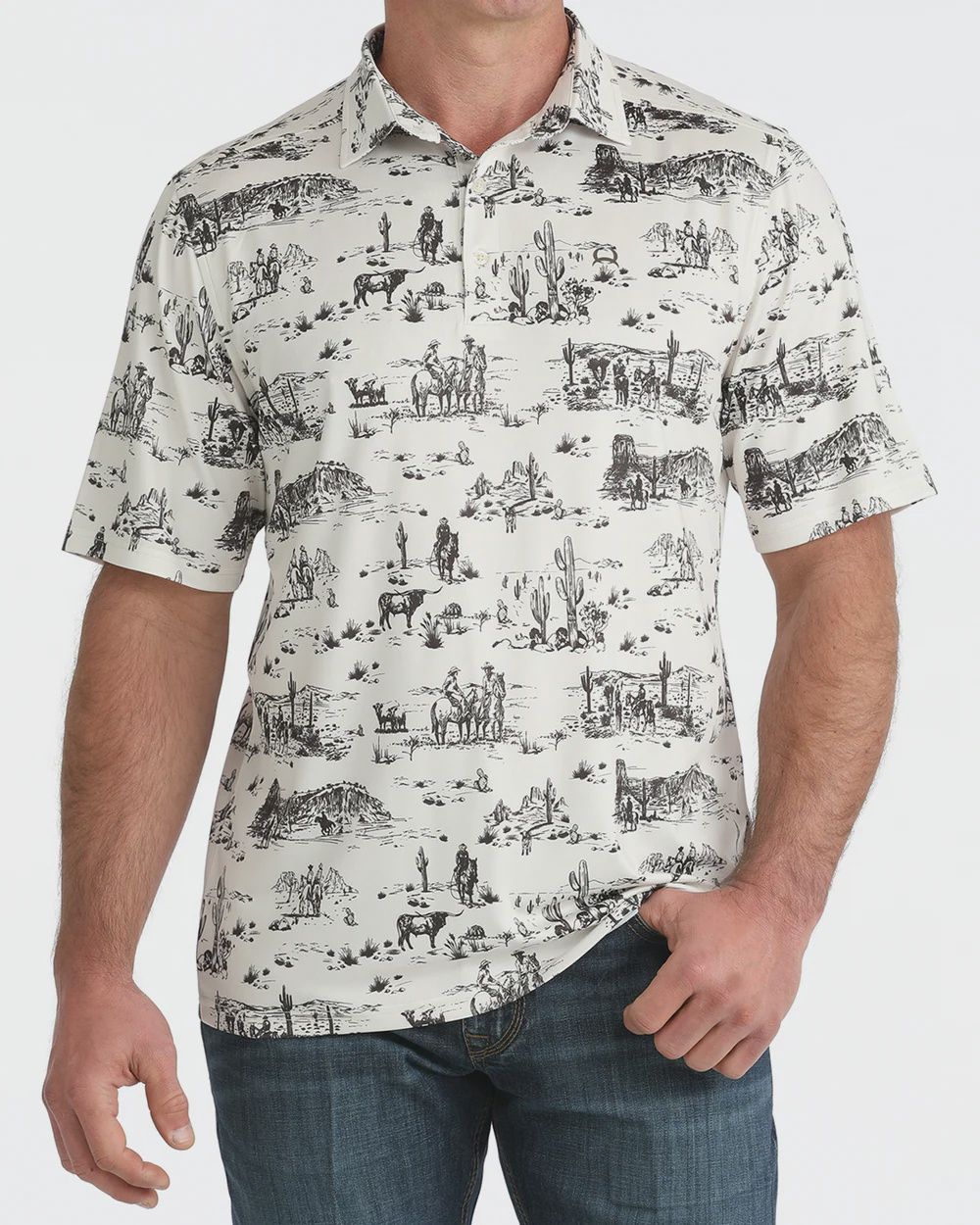 Cinch Men’s Short Sleeve Polo- Creme Desert Print